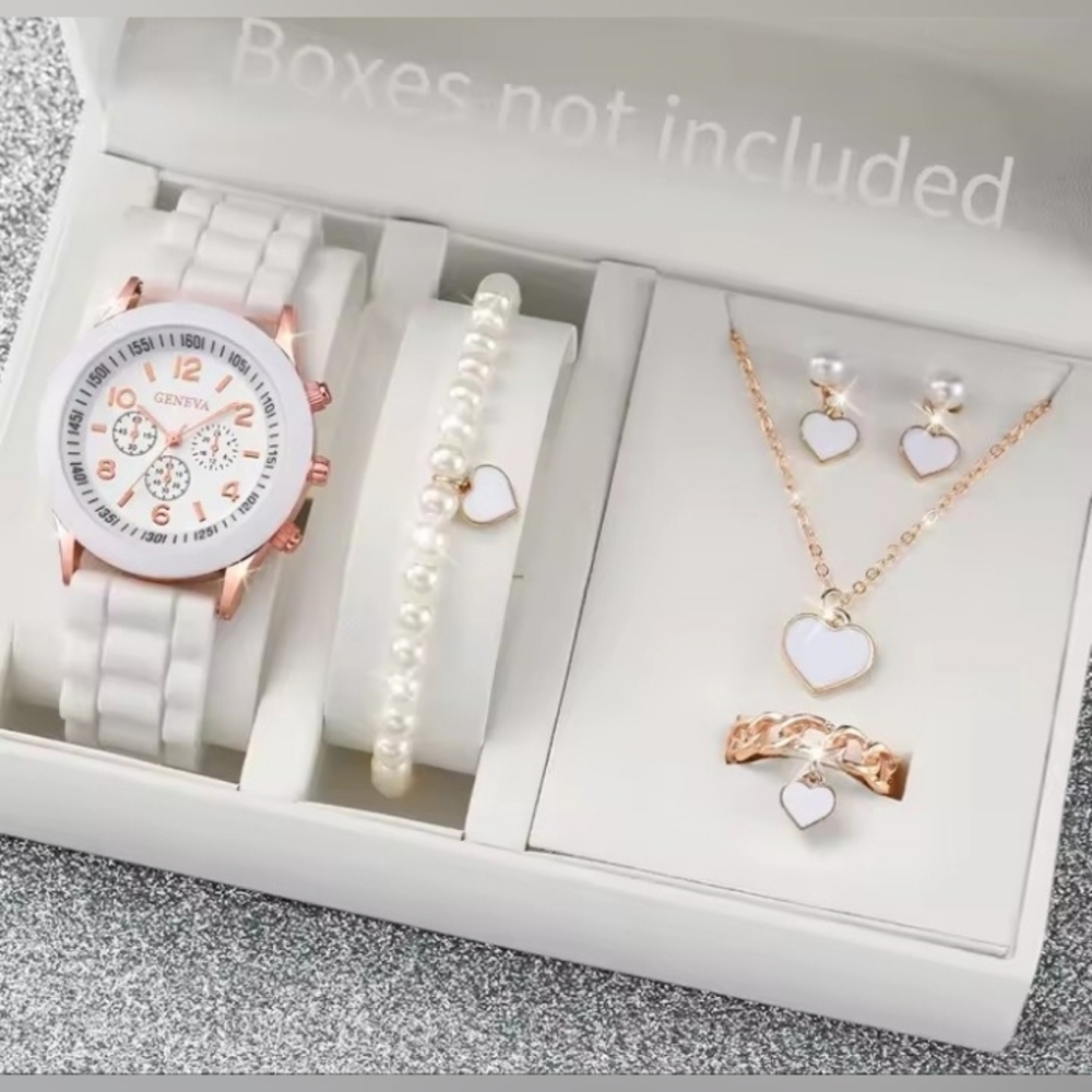 Geneva White and Rose Gold Heart Watch & Jewelry Gift Set